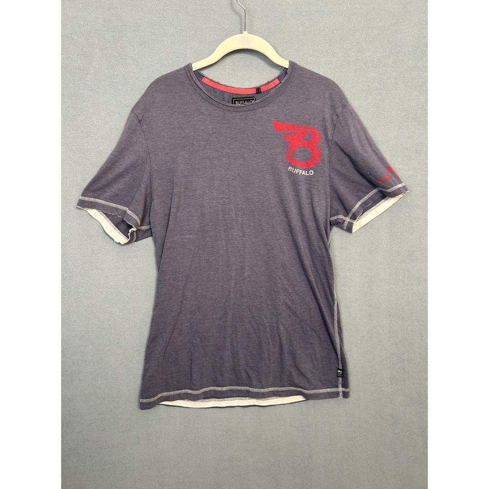 Buffalo David Bitton Mens Graphic Tee Blue Distressed Y2K Layered Hem Large